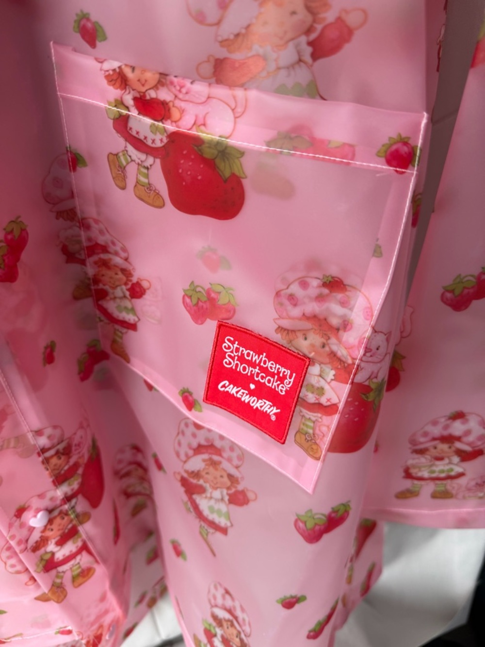 Pink Strawberry Short Cake Print Transparent Hooded Raincoat (i184) - Picture 7 of 13